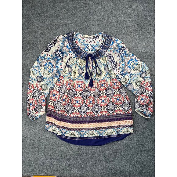 Boho Chic Floral Print Long Sleeve Blouse With Tassel Tie Neck & Elastic Cuffs - Picture 2 of 7